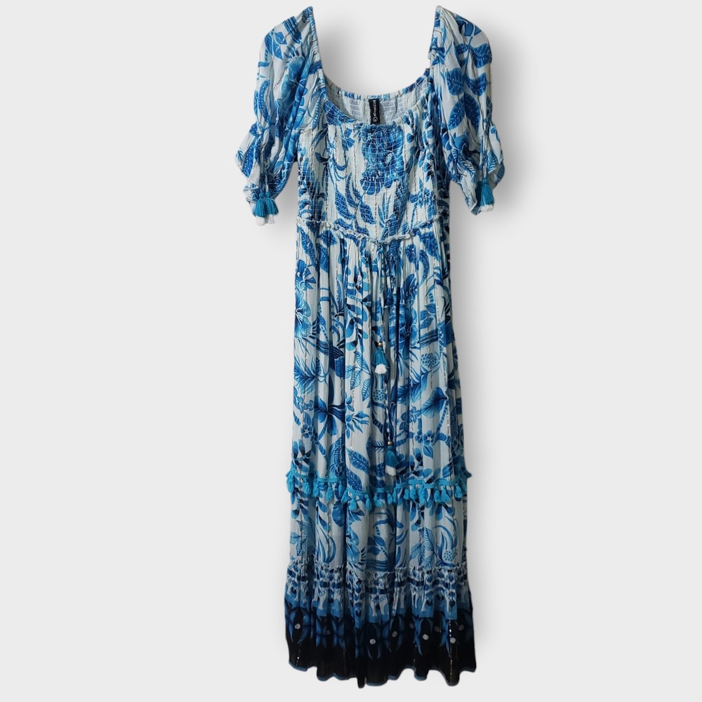 Me 2 Magic Tassel Tiered Maxi Dress Blue Floral Gold Lurex‎ Smocked Large Boho